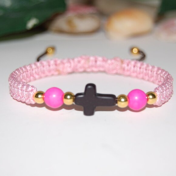 Cross Bracelet,Gemstone Beads,Braided Bracelet,Pink Bracelet - Picture 2 of 3